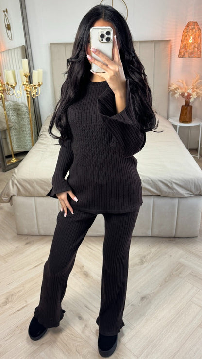 Thick Ribbed Split Sleeve Back Waist Detail Set