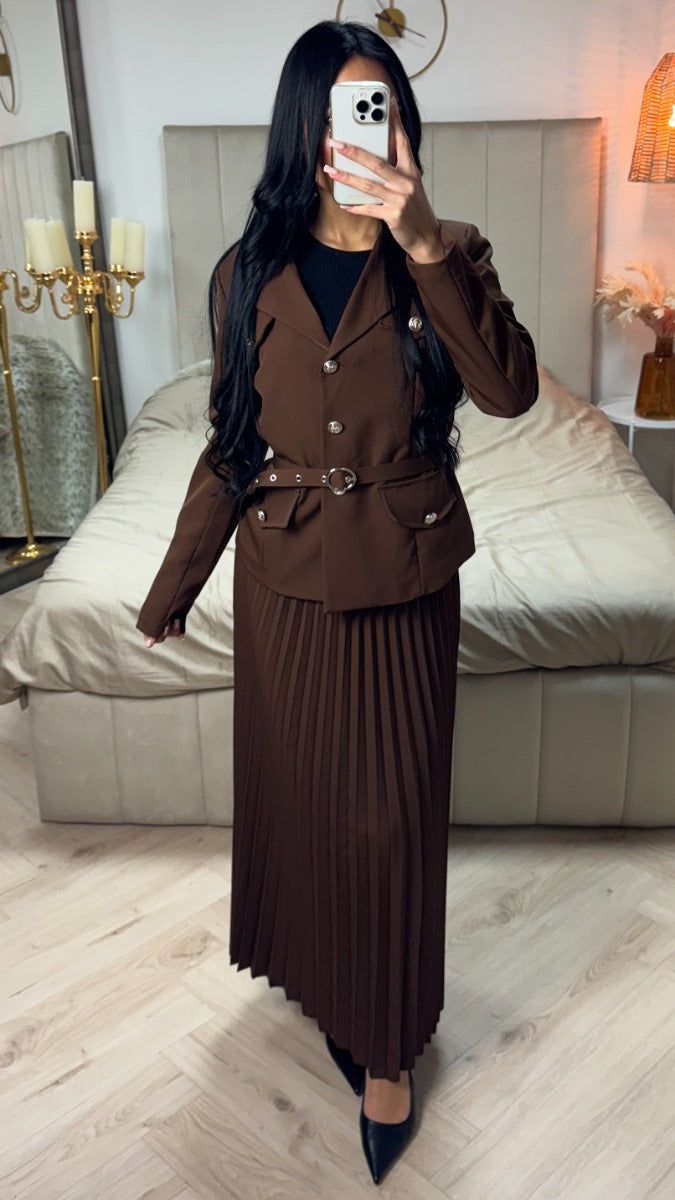 Tie Belt Blazer + Pleated Skirt Set
