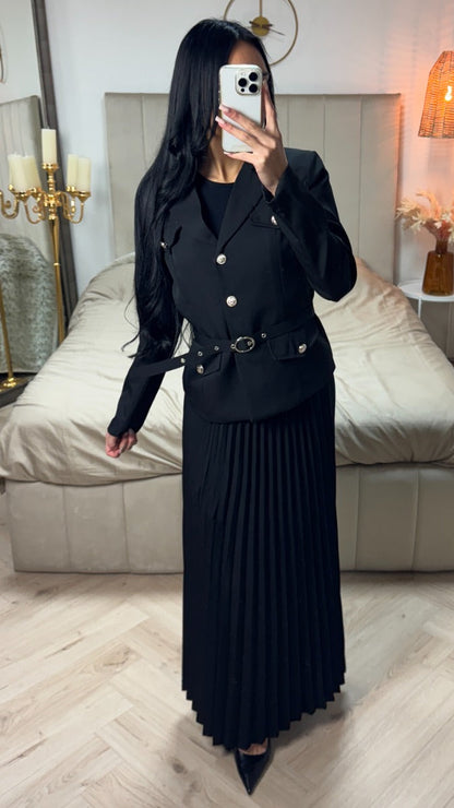 Tie Belt Blazer + Pleated Skirt Set