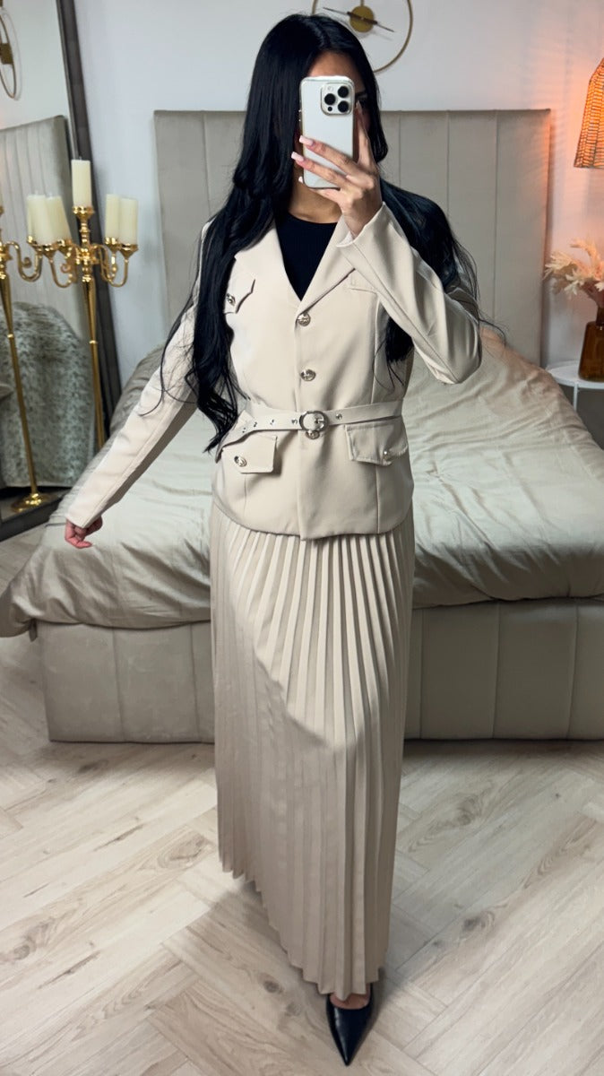 Tie Belt Blazer + Pleated Skirt Set