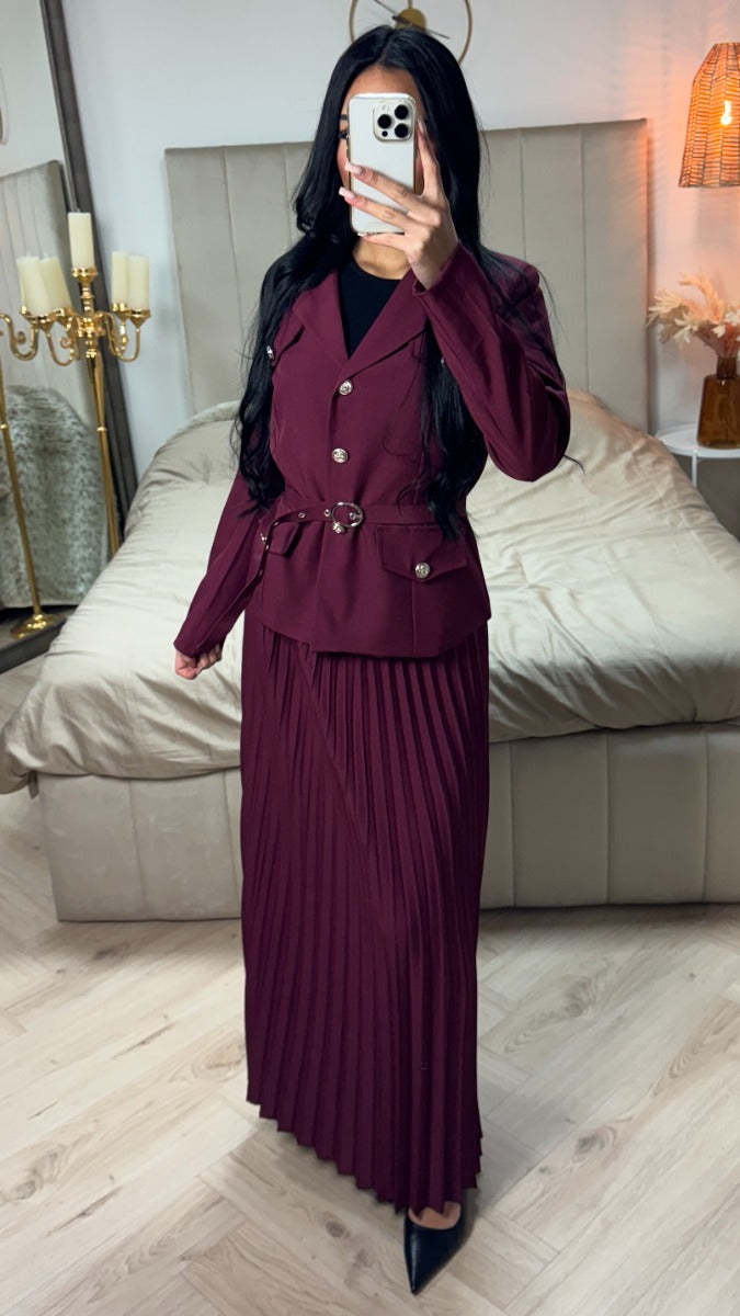 Tie Belt Blazer + Pleated Skirt Set