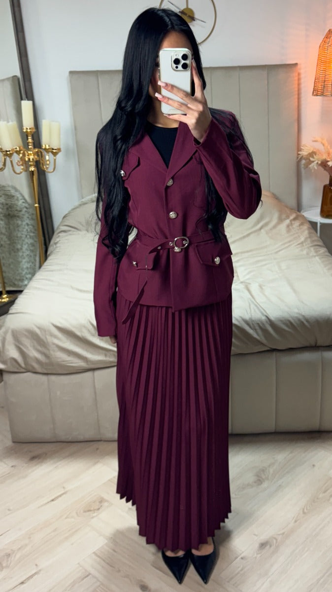 Tie Belt Blazer + Pleated Skirt Set