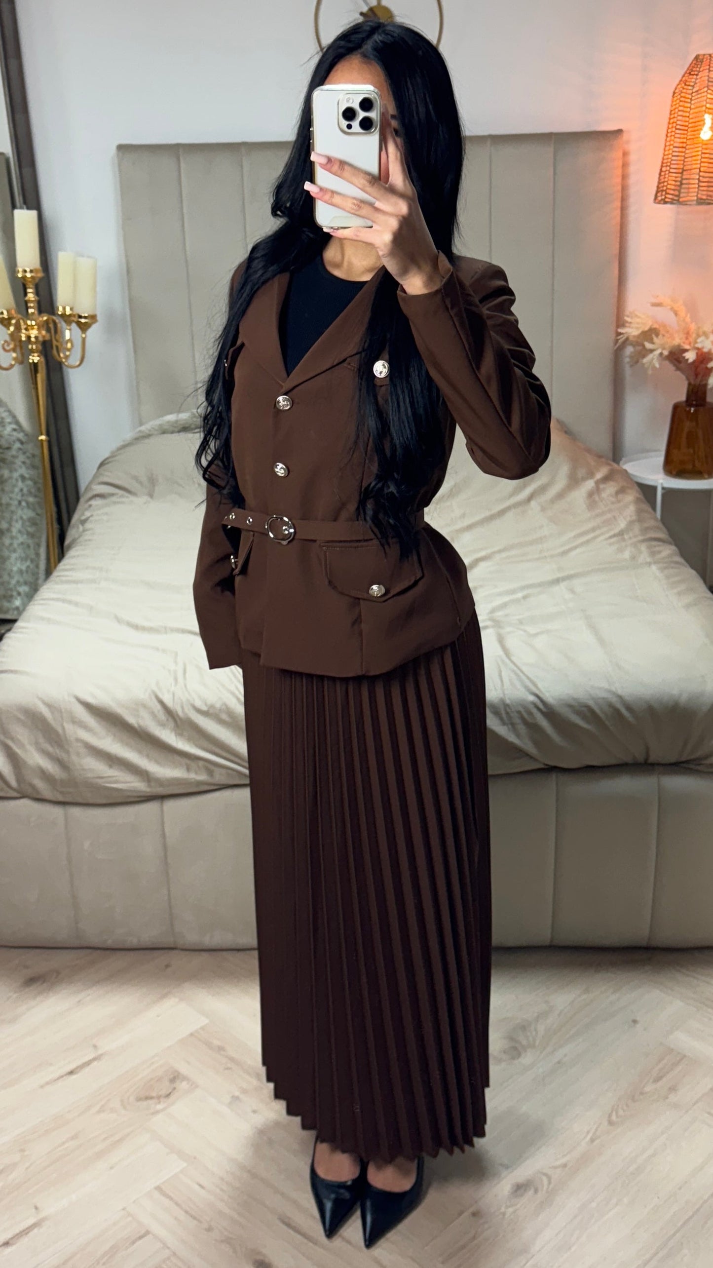 Tie Belt Blazer + Pleated Skirt Set