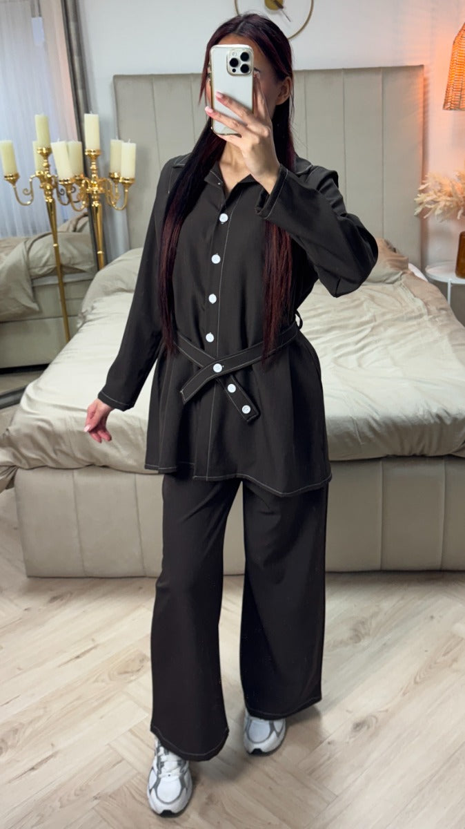 Tie Belt Button Blouse Set White Button Details