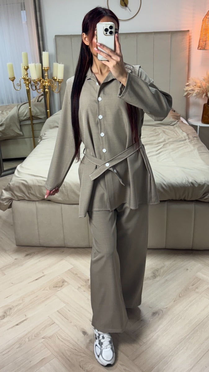 Tie Belt Button Blouse Set White Button Details