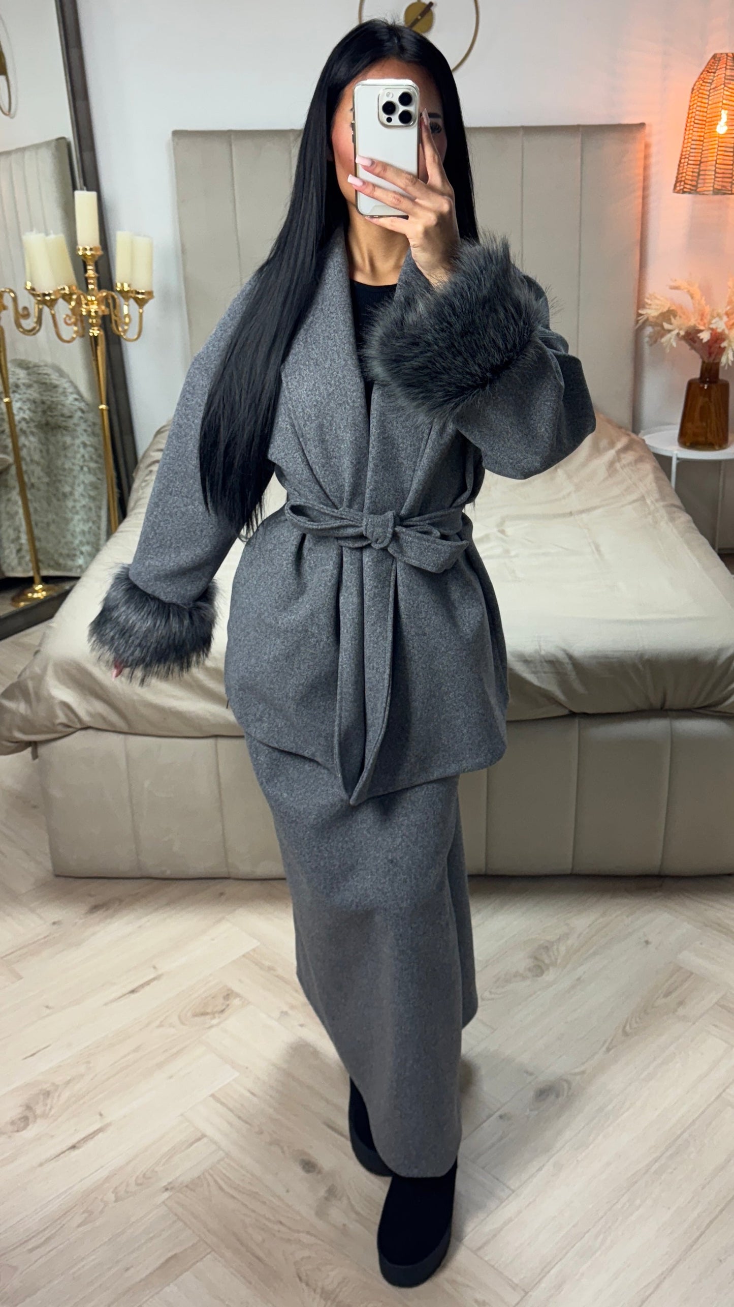 Tie Belt Fur Sleeve Cardigan Skirt Set