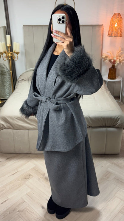 Tie Belt Fur Sleeve Cardigan Skirt Set