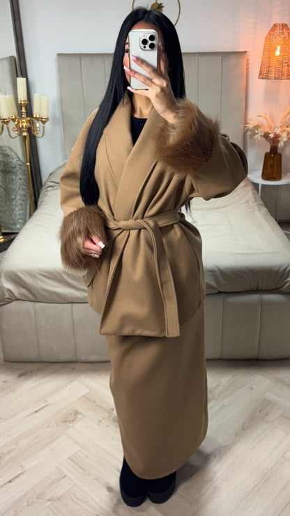 Tie Belt Fur Sleeve Cardigan Skirt Set