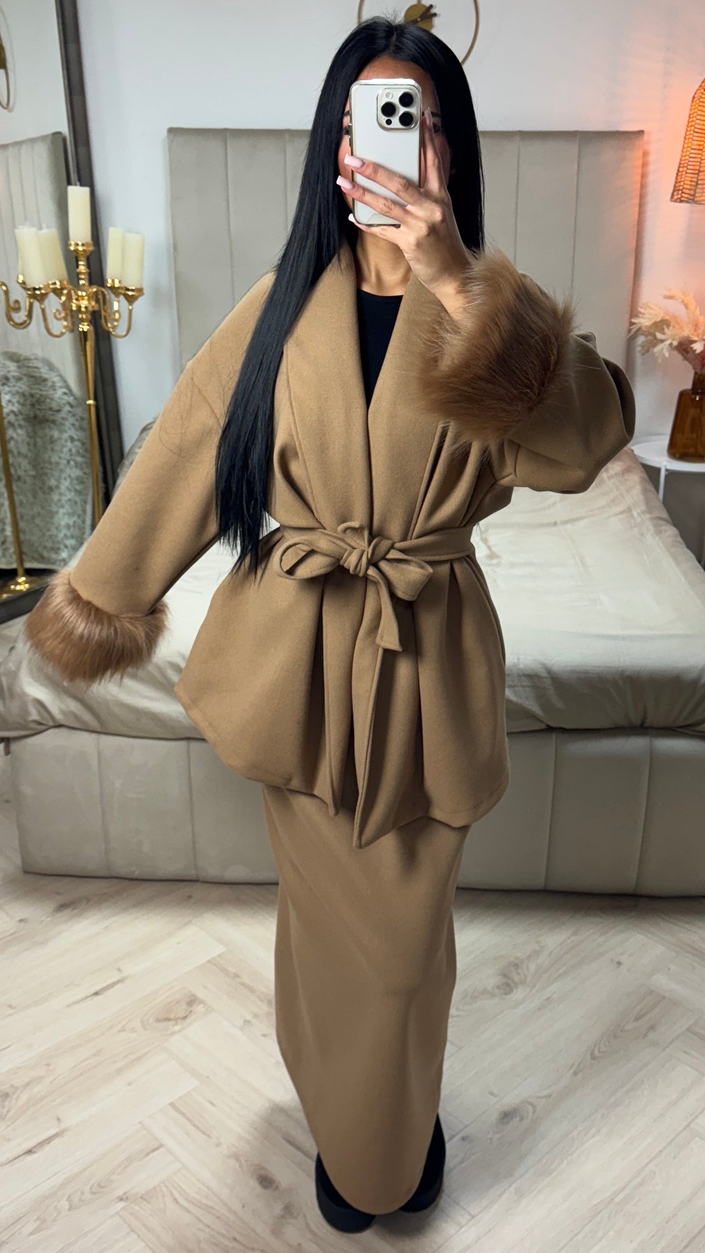 Tie Belt Fur Sleeve Cardigan Skirt Set