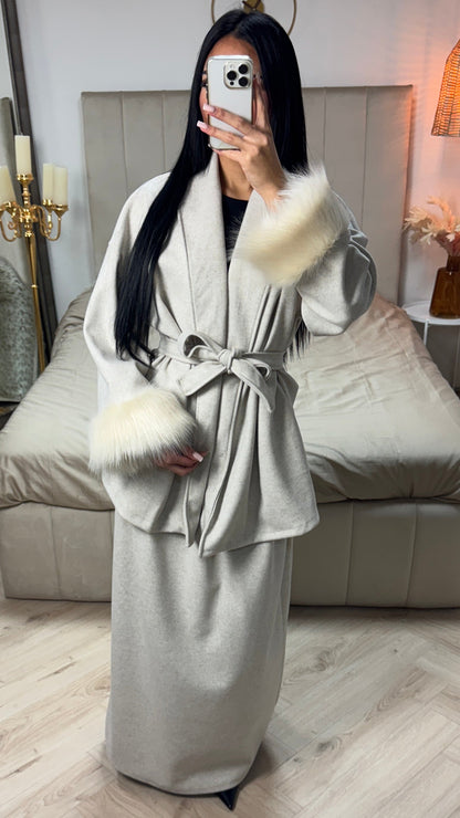 Tie Belt Fur Sleeve Cardigan Skirt Set