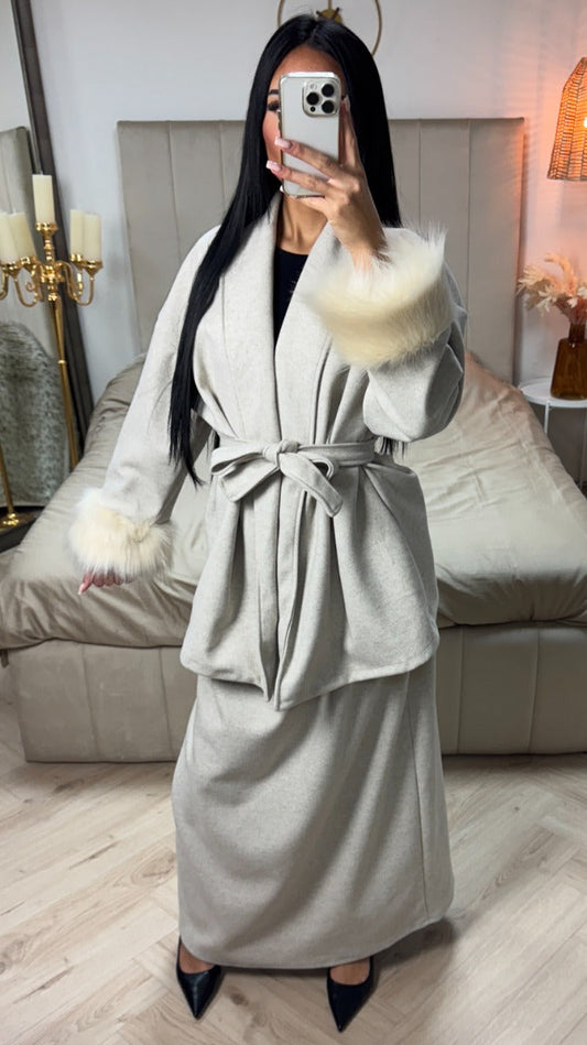 Tie Belt Fur Sleeve Cardigan Skirt Set