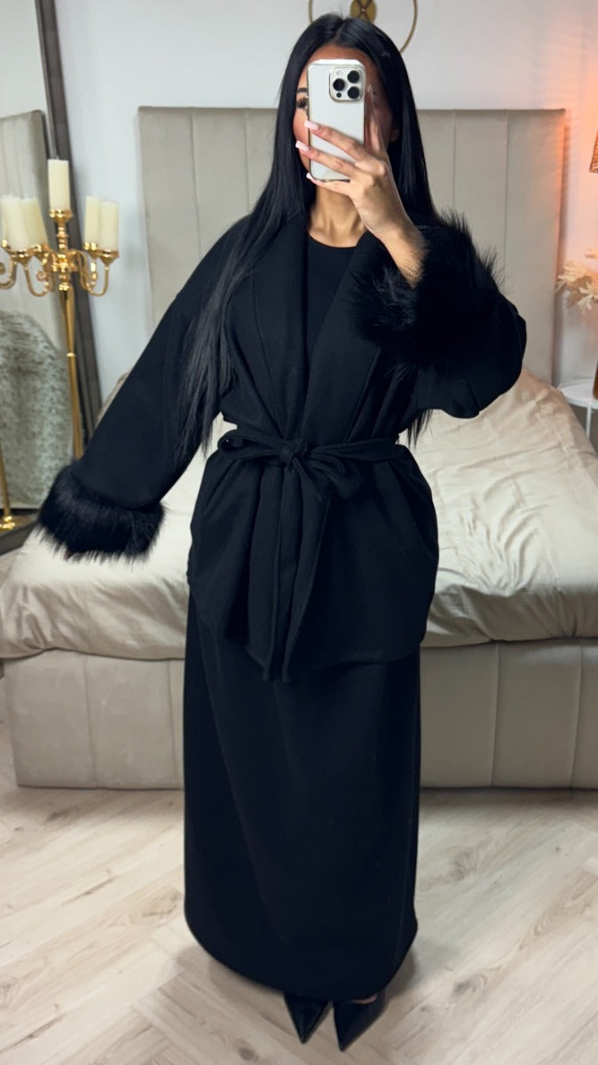 Tie Belt Fur Sleeve Cardigan Skirt Set
