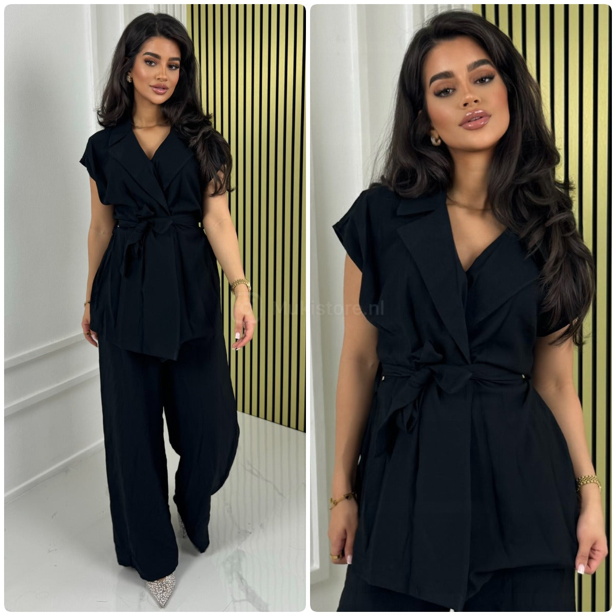 Tie Belt Sleeveless Wrap Basic Wide Leg Set