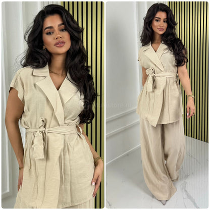 Tie Belt Sleeveless Wrap Basic Wide Leg Set