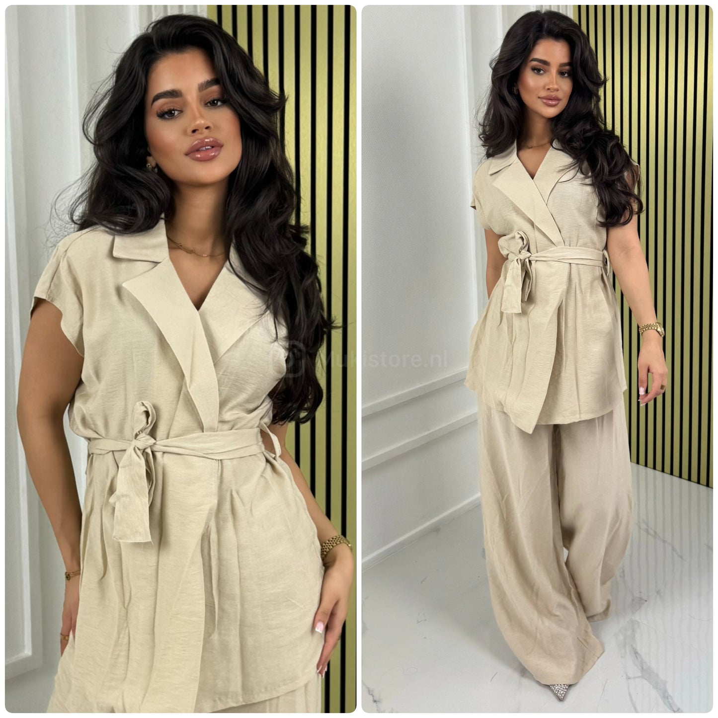 Tie Belt Sleeveless Wrap Basic Wide Leg Set