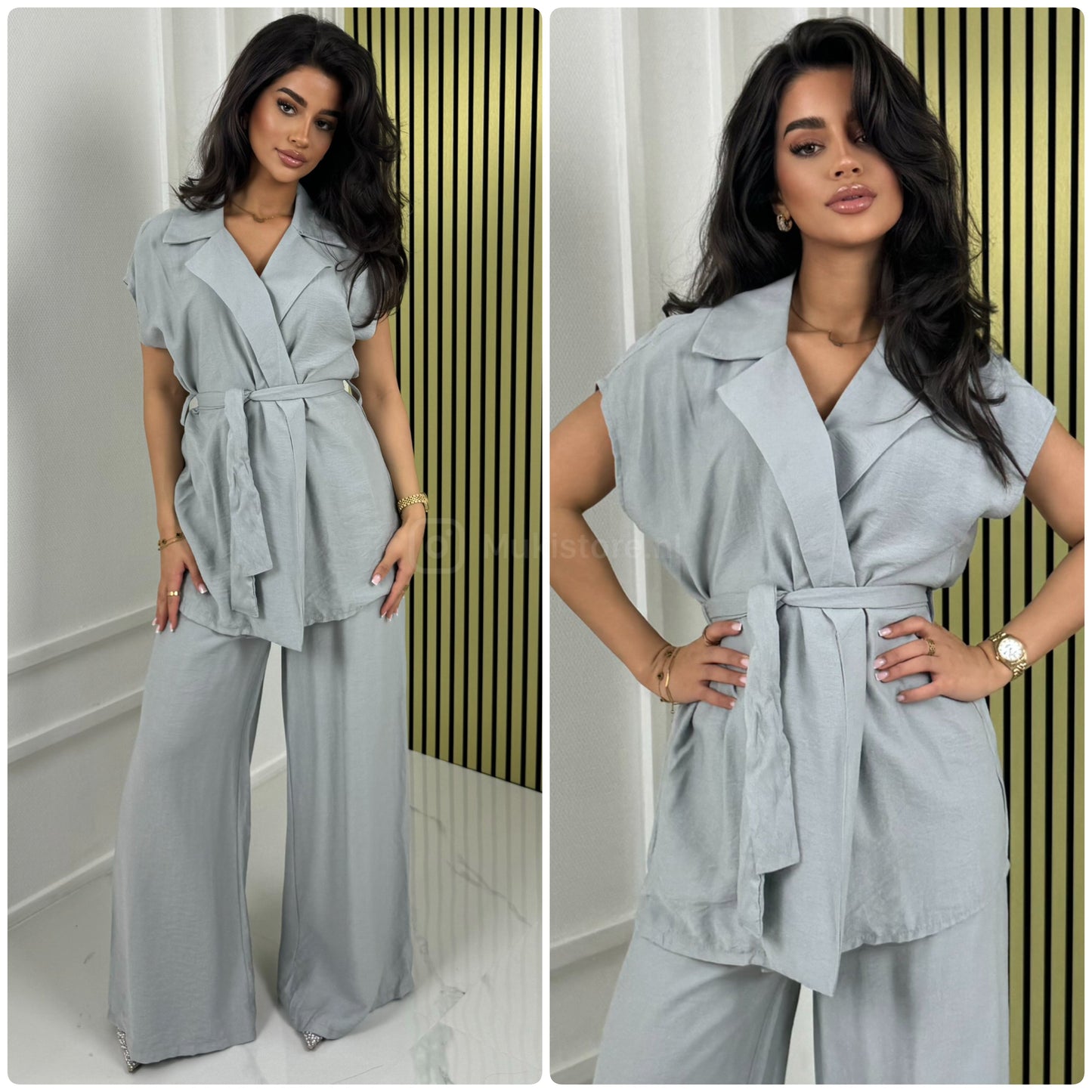 Tie Belt Sleeveless Wrap Basic Wide Leg Set
