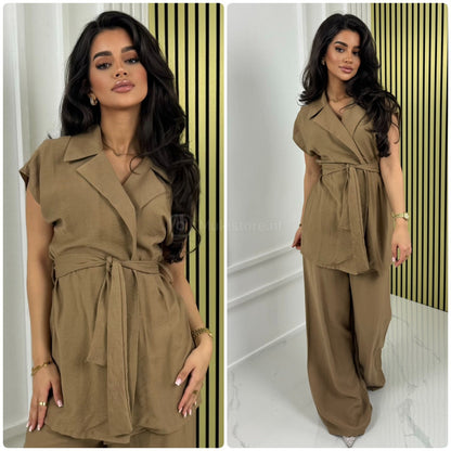 Tie Belt Sleeveless Wrap Basic Wide Leg Set