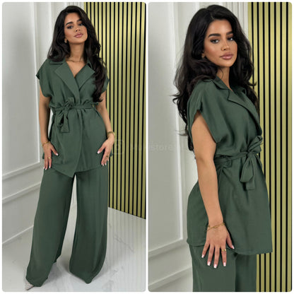 Tie Belt Sleeveless Wrap Basic Wide Leg Set