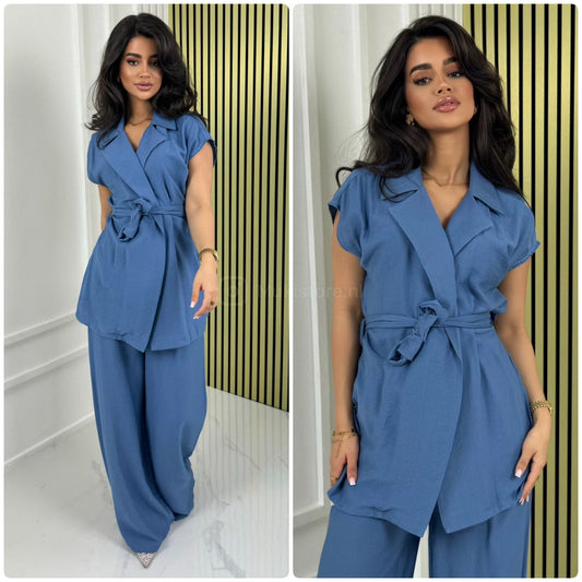 Tie Belt Sleeveless Wrap Basic Wide Leg Set