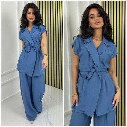 Tie Belt Sleeveless Wrap Basic Wide Leg Set