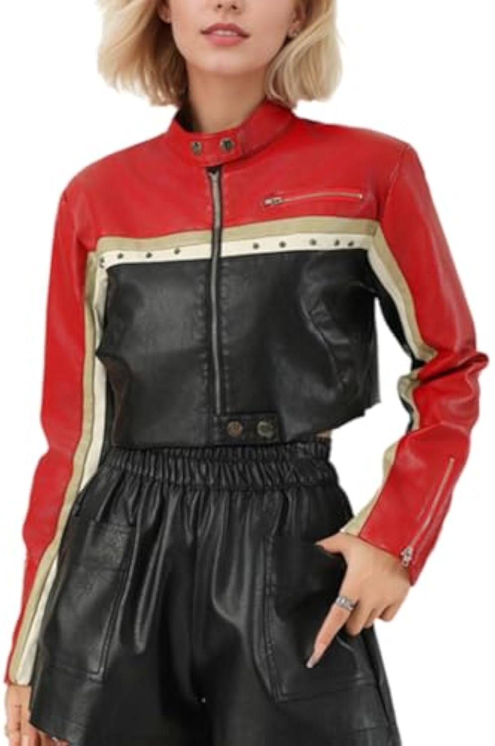 Colorblock studded leather jacket