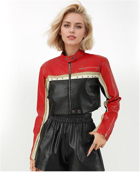 Colorblock studded leather jacket