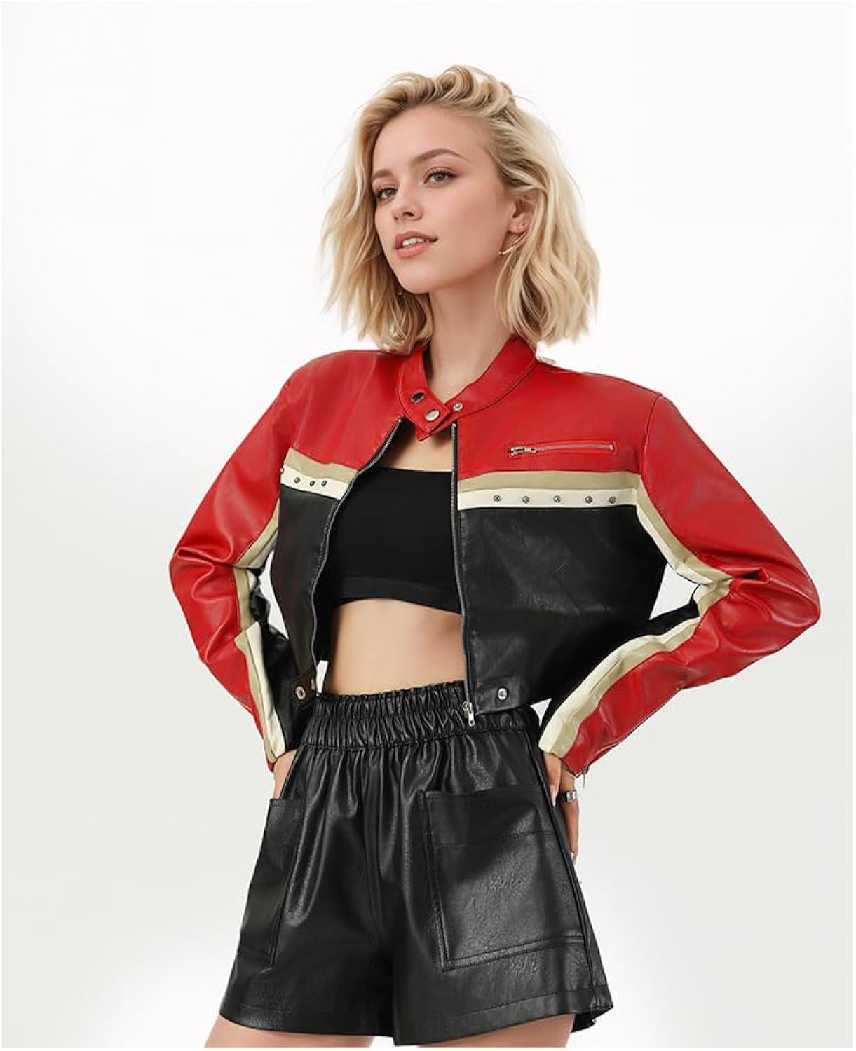 Colorblock studded leather jacket