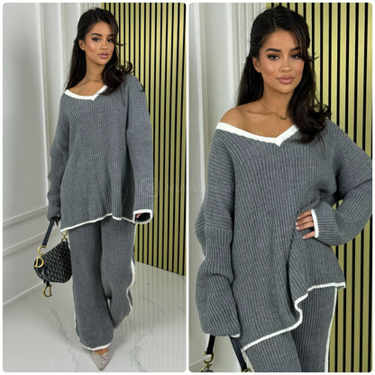 V Neck Knitwear Oversized Stripe Set