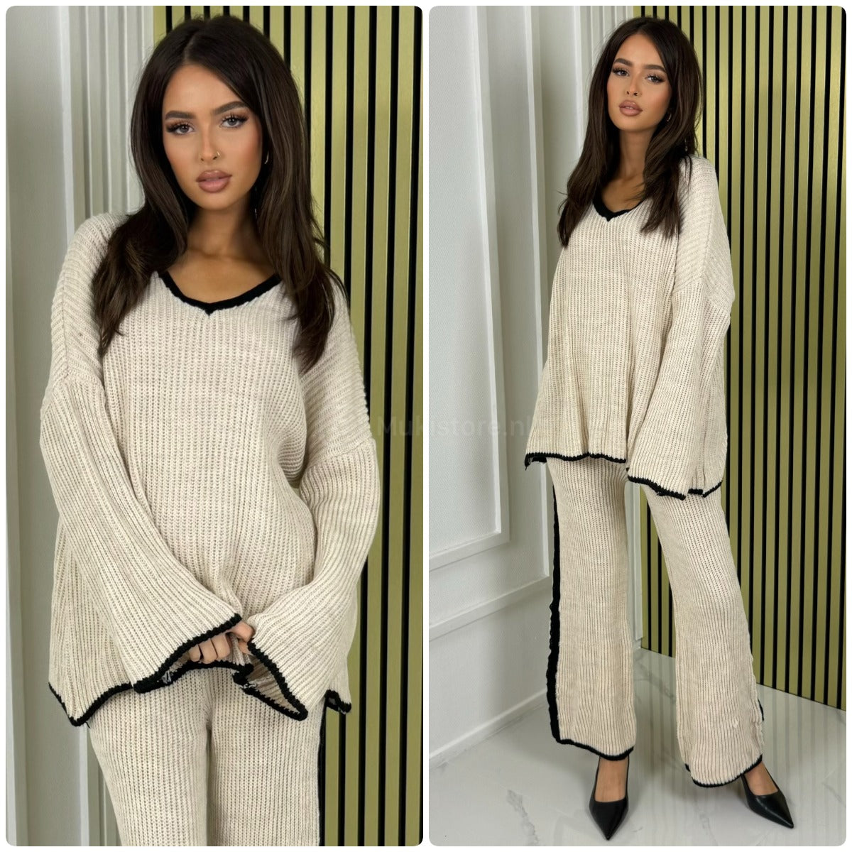 V Neck Knitwear Oversized Stripe Set