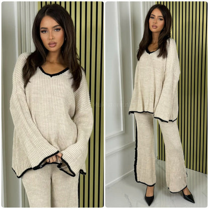 V Neck Knitwear Oversized Stripe Set
