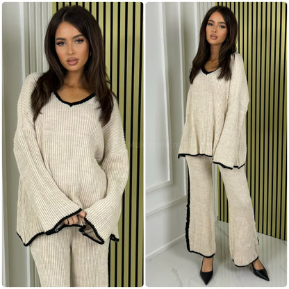 V Neck Knitwear Oversized Stripe Set