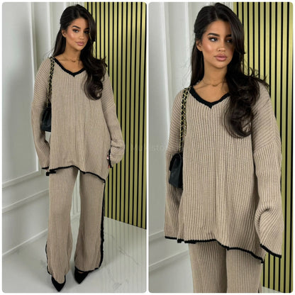V Neck Knitwear Oversized Stripe Set