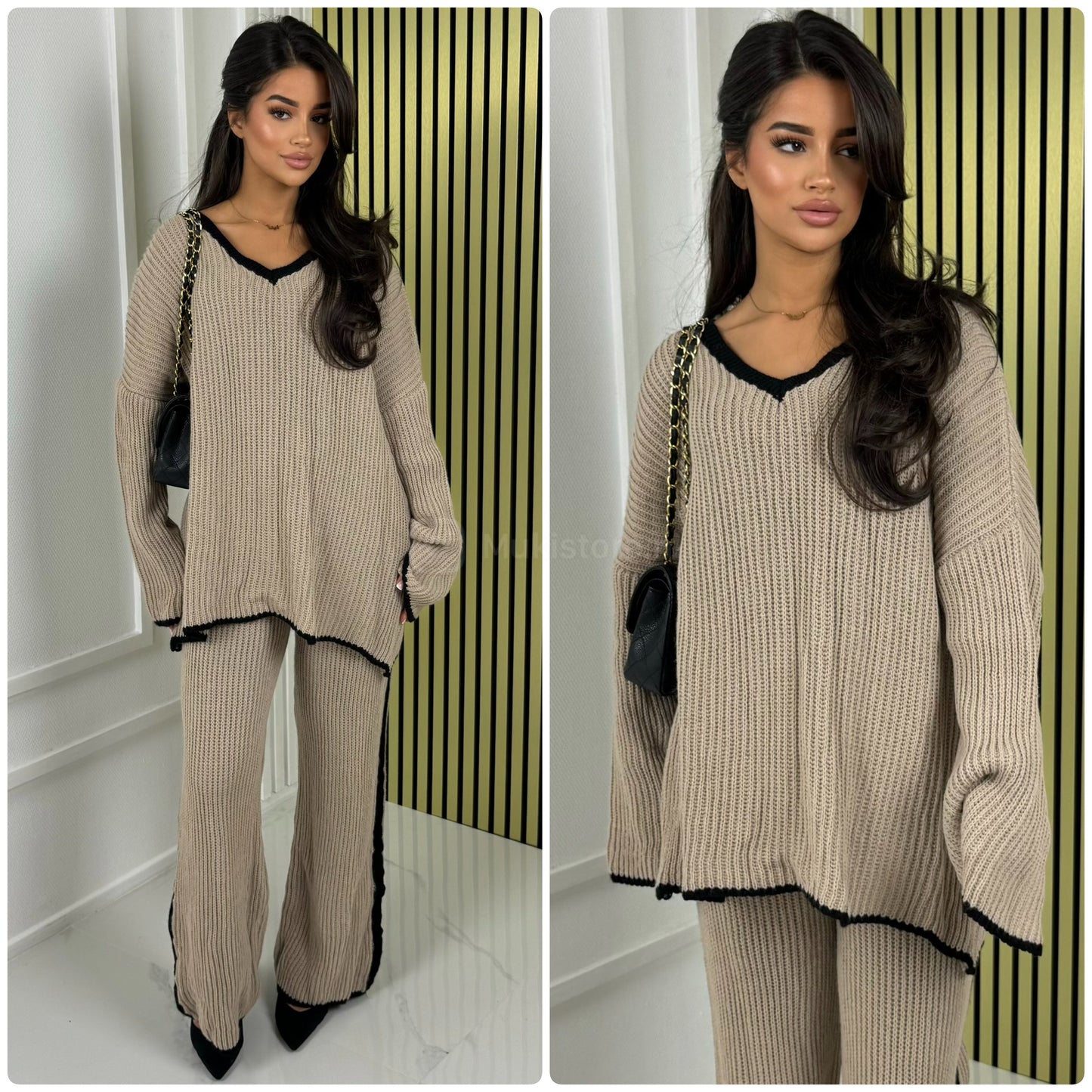 V Neck Knitwear Oversized Stripe Set
