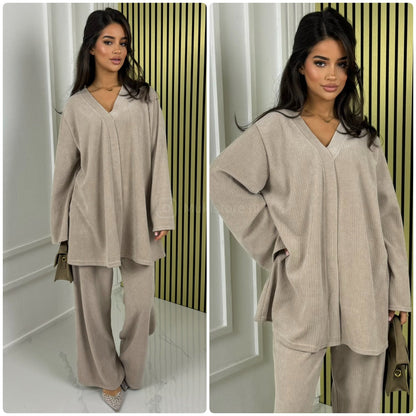 V Neck Oversized Thick Corduroy Set
