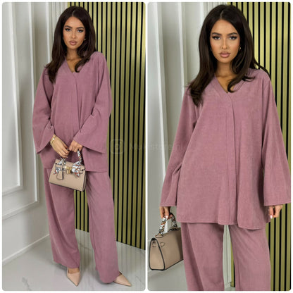 V Neck Oversized Thick Corduroy Set