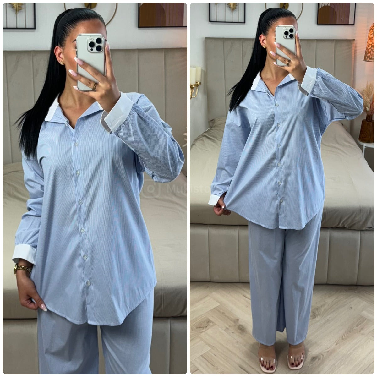 White Detail Blouse Stripes Set