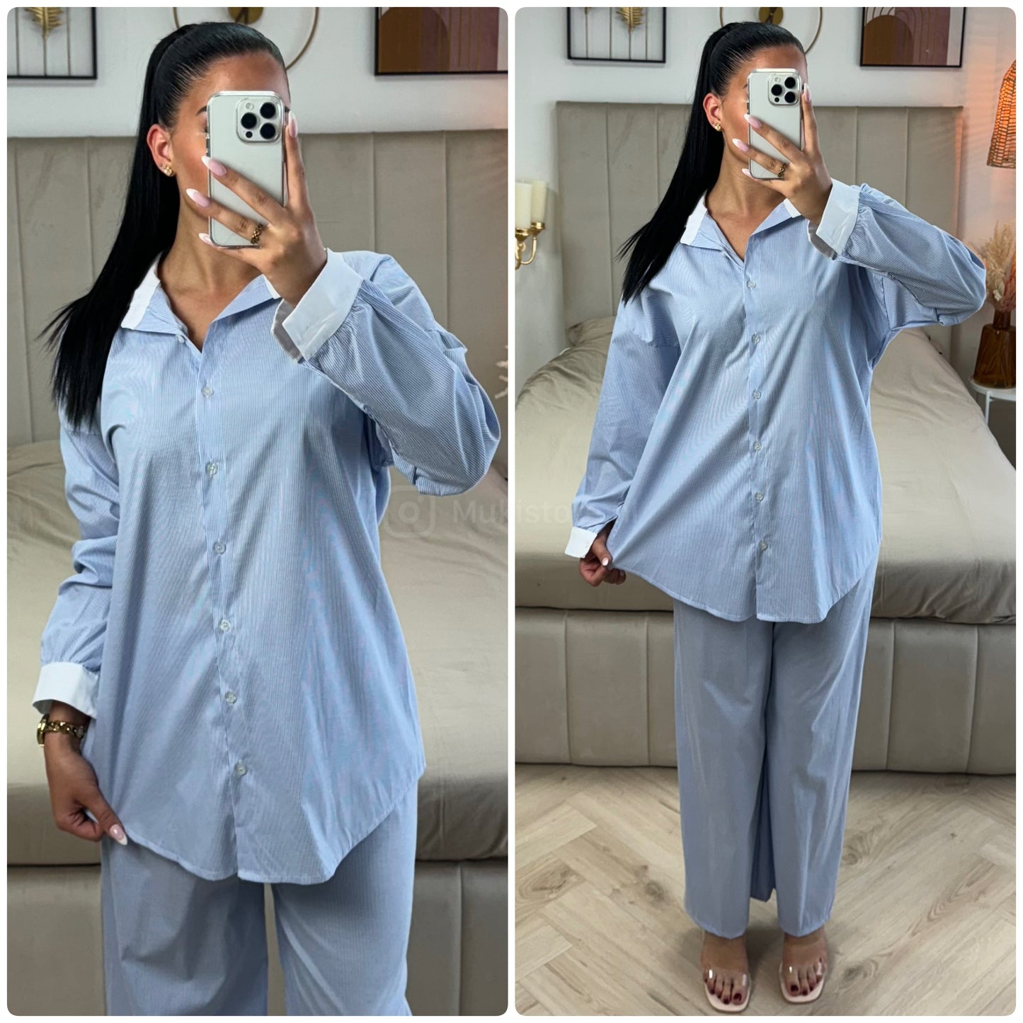 White Detail Blouse Stripes Set