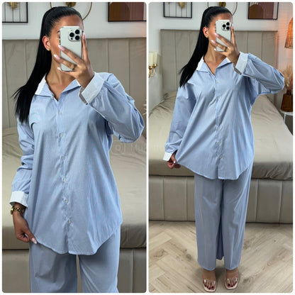 White Detail Blouse Stripes Set