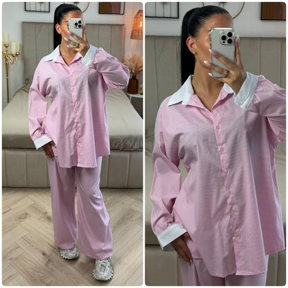 White Detail Blouse Stripes Set