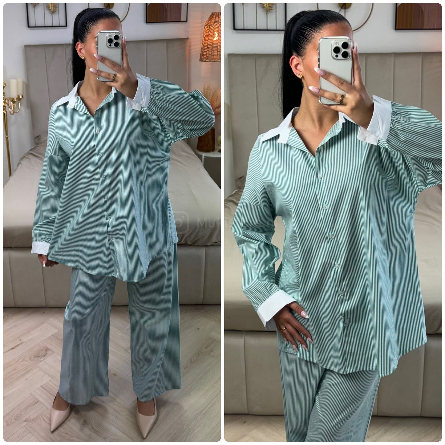 White Detail Blouse Stripes Set