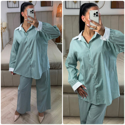 White Detail Blouse Stripes Set