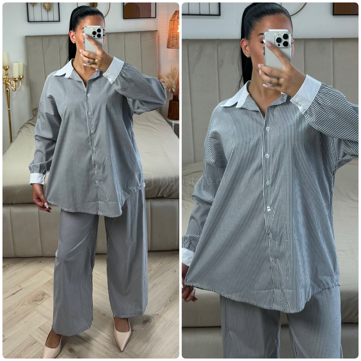 White Detail Blouse Stripes Set