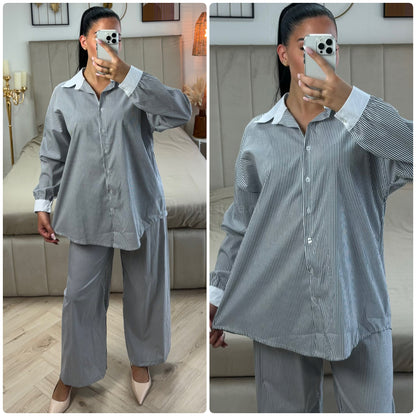 White Detail Blouse Stripes Set