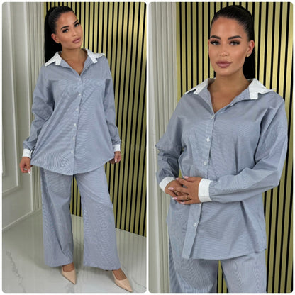 White Detail Blouse Stripes Set