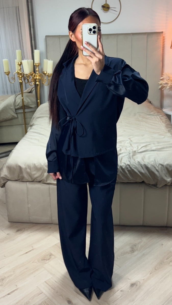 Wrap Cardigan Tie  Blouse Set