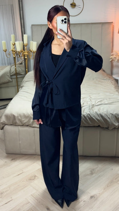 Wrap Cardigan Tie  Blouse Set