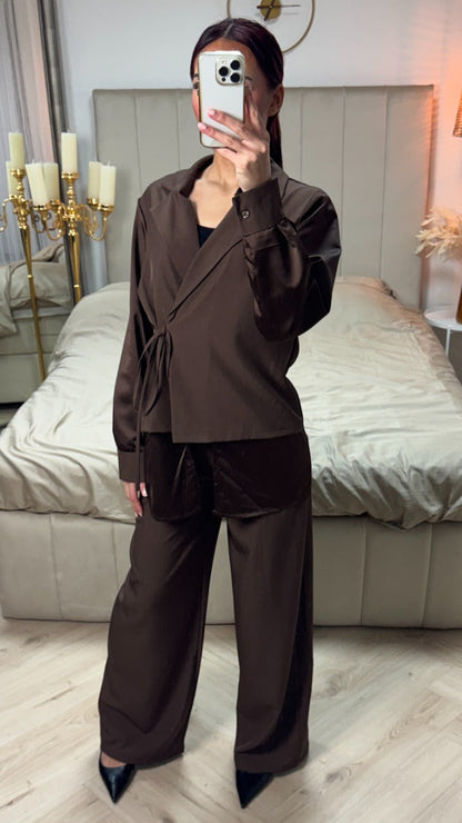 Wrap Cardigan Tie  Blouse Set