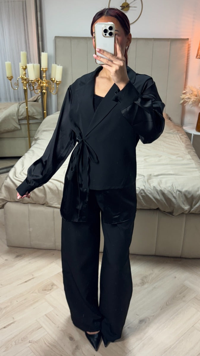 Wrap Cardigan Tie  Blouse Set