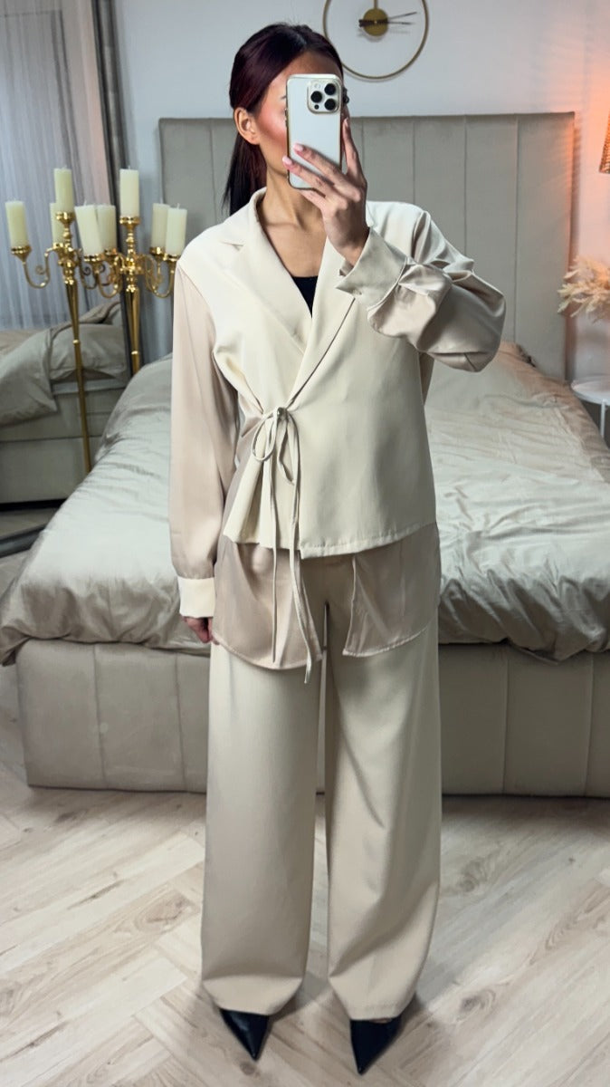 Wrap Cardigan Tie  Blouse Set