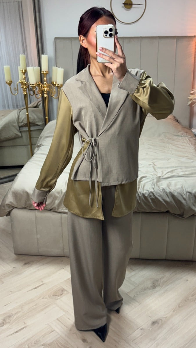 Wrap Cardigan Tie  Blouse Set